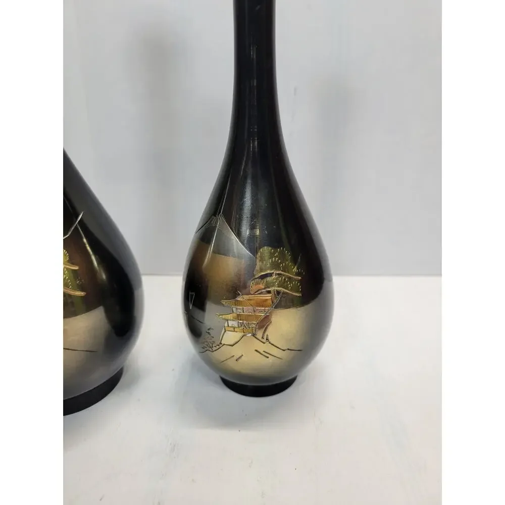 2 Vintage Japanese Chokin Etched Metal Bud Vases Pagoda Asian Decor - Picture 3 of 6